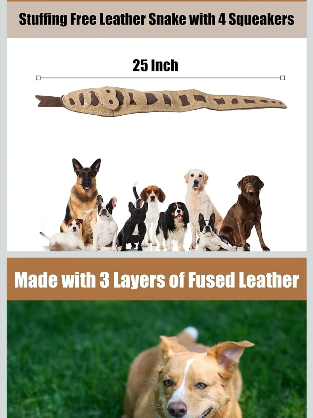 Stuffing-Free Leather Snake Dog Toy with 4 Squeakers - Brown